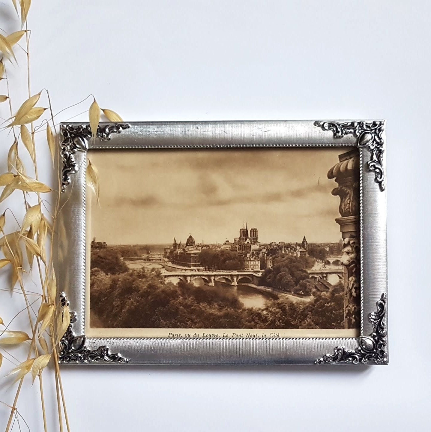 Vintage Cadre Photo Métal Sous Verre Rectangle Petit Support Cravate à Poser Gris Argenté Couleur Ar