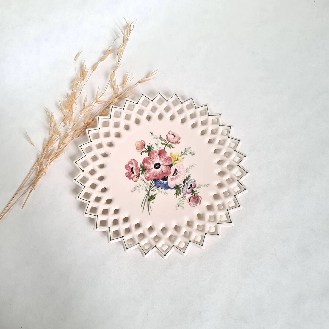 Vintage Porcelain Plate Wall Decoration White Pink Openwork Cutout