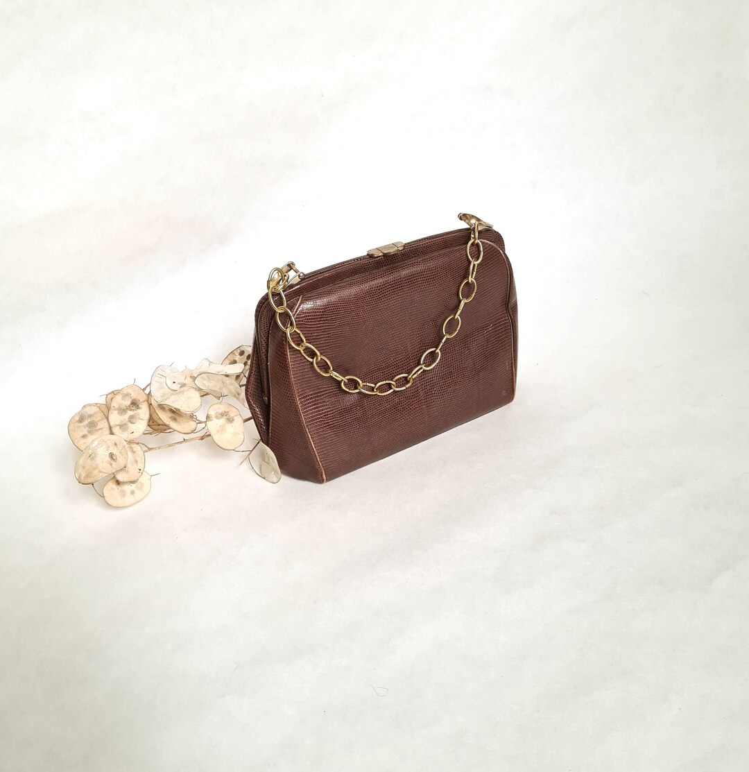 Vintage sac à main cuir/marron anse chaine/coloris bronze doré