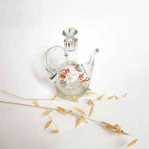 Reserved ZHOU Carafe glass stopper handmade decor painted flower cherry France table jug bottle handle wine water service flea market small