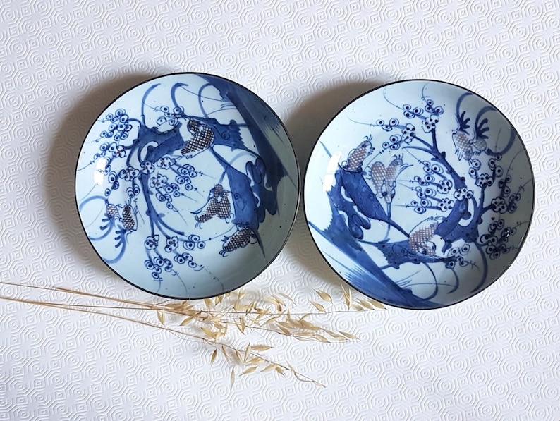 Vintage Plates set Porcelain Old China Asian Art Handcrafted Decor Blue Wall Decoration Home Interior Antiques Collectible flea market image 1