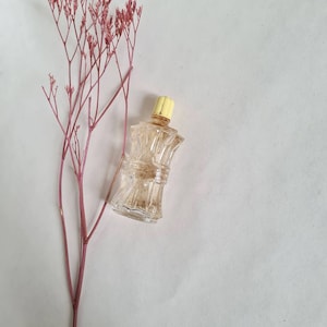 Peut inclure: Un petit flacon de parfum transparent avec un bouchon doré, rempli d'un liquide brun clair. Le flacon a une forme incurvée unique. Une brindille de fleurs séchées roses est à côté du flacon, sur fond blanc.