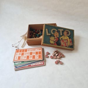 Juego de lotería vintage/años 30-40/juegos de mesa de bingo/fichas de caja de madera/cartas de colores/colección francesa/recuerdo de la infancia/coleccionista