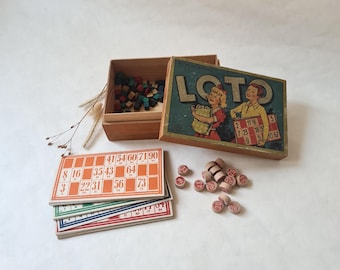 Vintage game of lotto 30s/games toys bingo/France pions cards box wood/collection French /souvenir childhood/collector child