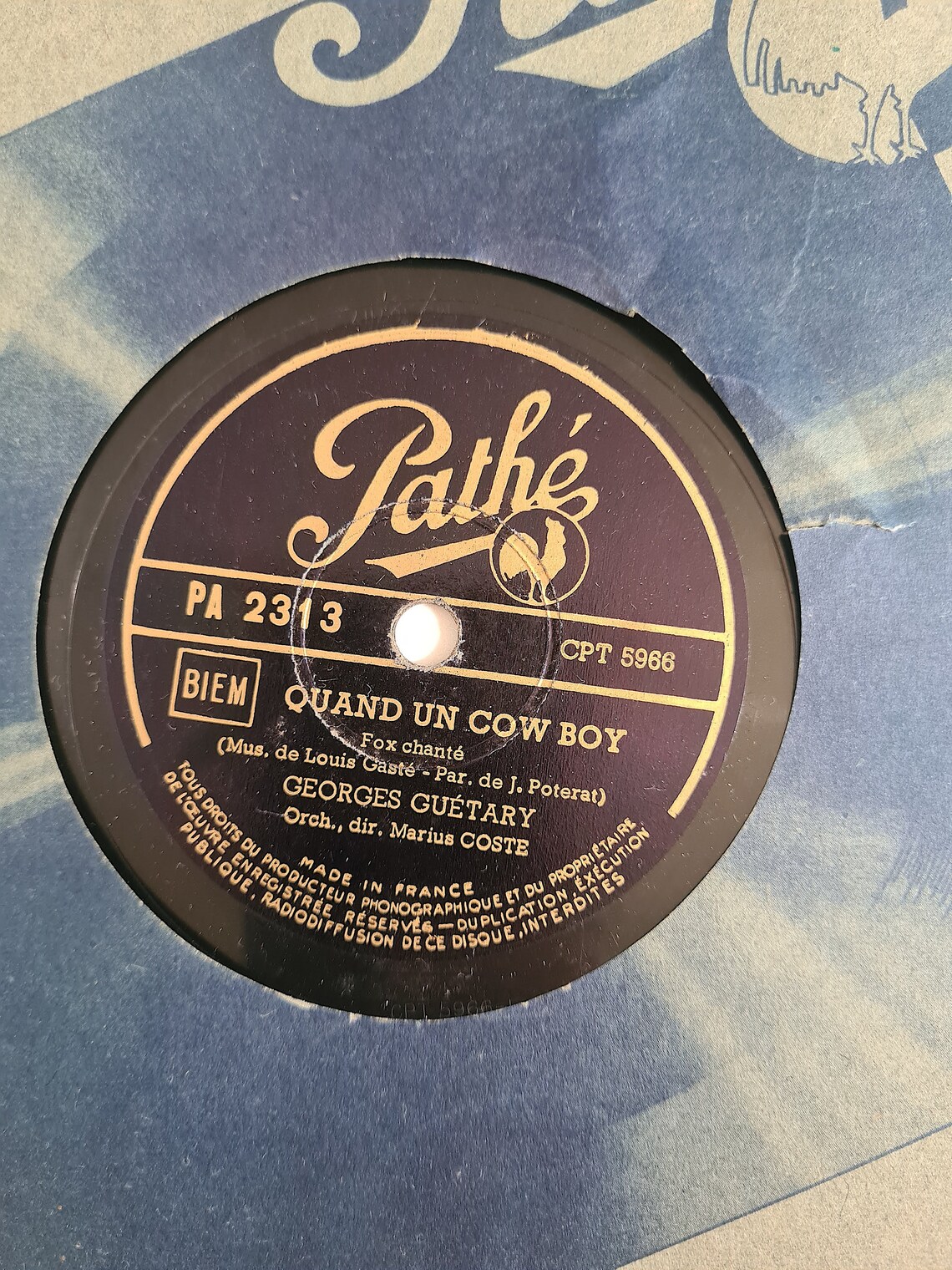 Vintage disque vinyle/Georges Guethary "Quand Un Cow Boy" et ""A Honolulu" 78 tours/chanson française/Pathé/rumba chantée fox chanté 1945, foto 3 di 5
