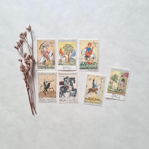 7 sellos postales antiguos/Checoslovaquia, República Checa/colección antigua de los años 60 y 70, cancelados/ilustrados, San Miguel Pierrot, Jenízaro