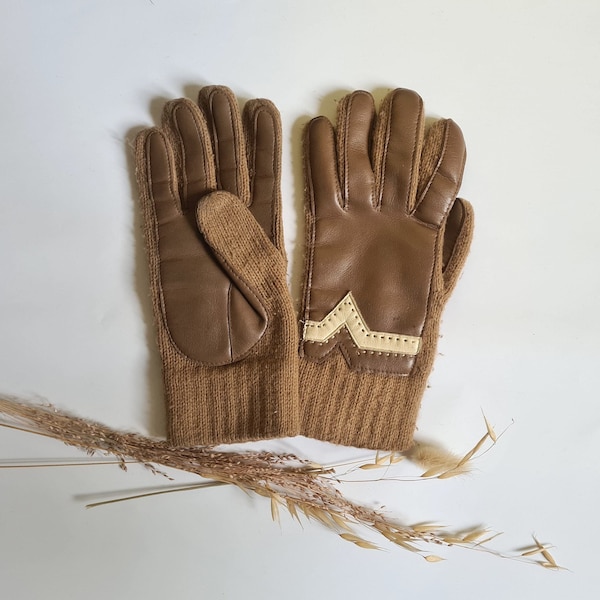 Vintage gants paire cuir simili beige marron style retro friperie accessoire hiver chaud années 70 mode taille M homme femme polyester