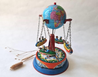 Vintage wind up toy Josef Wagner JW/tinplate globe planet/carousel nacelles/antique wind-up toy/made in West Germany/rare collection