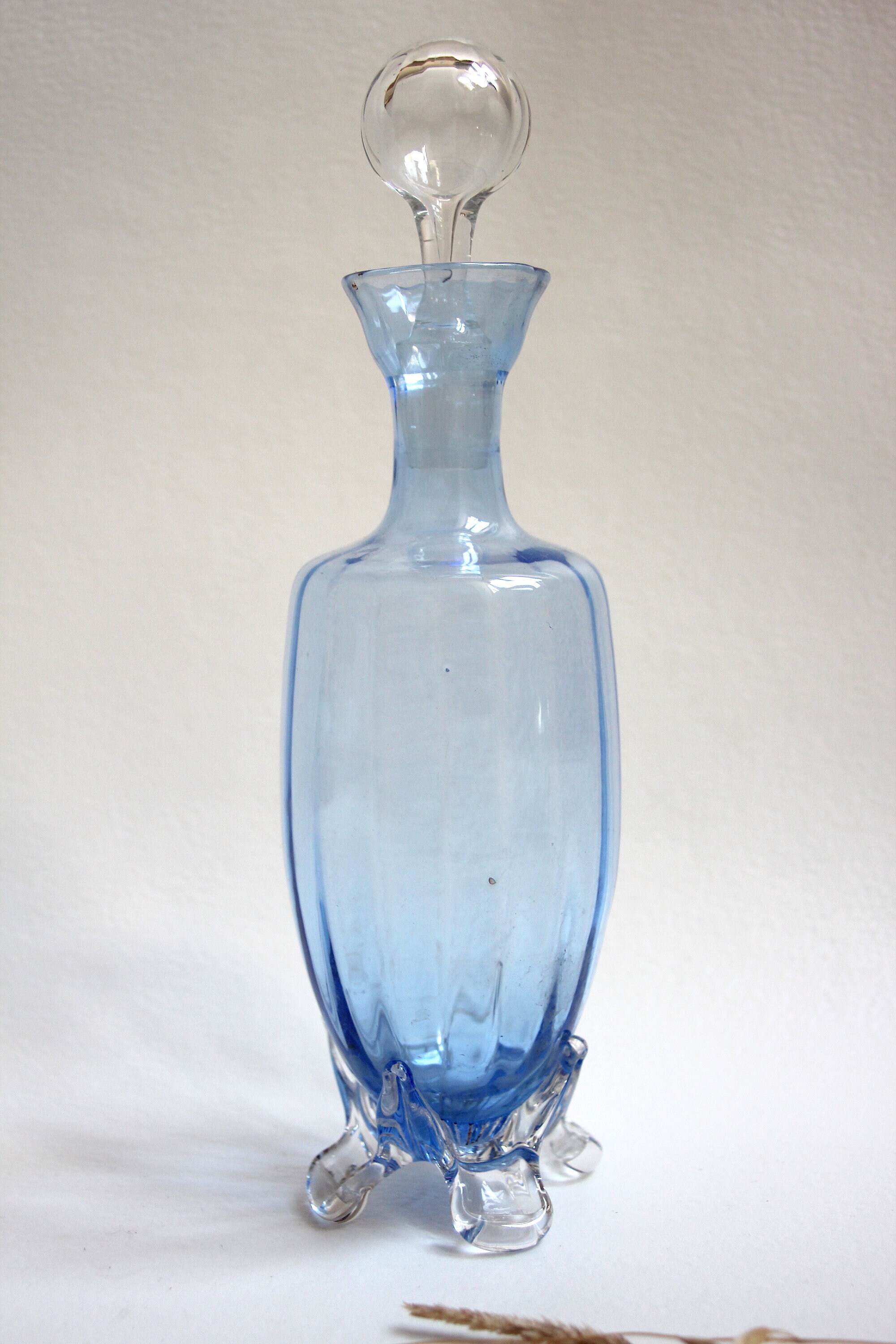 Vintage Flacon Verre Bleu Bouchon Antique France Fait Main Décoration Intérieure Décor Xixè Transpar