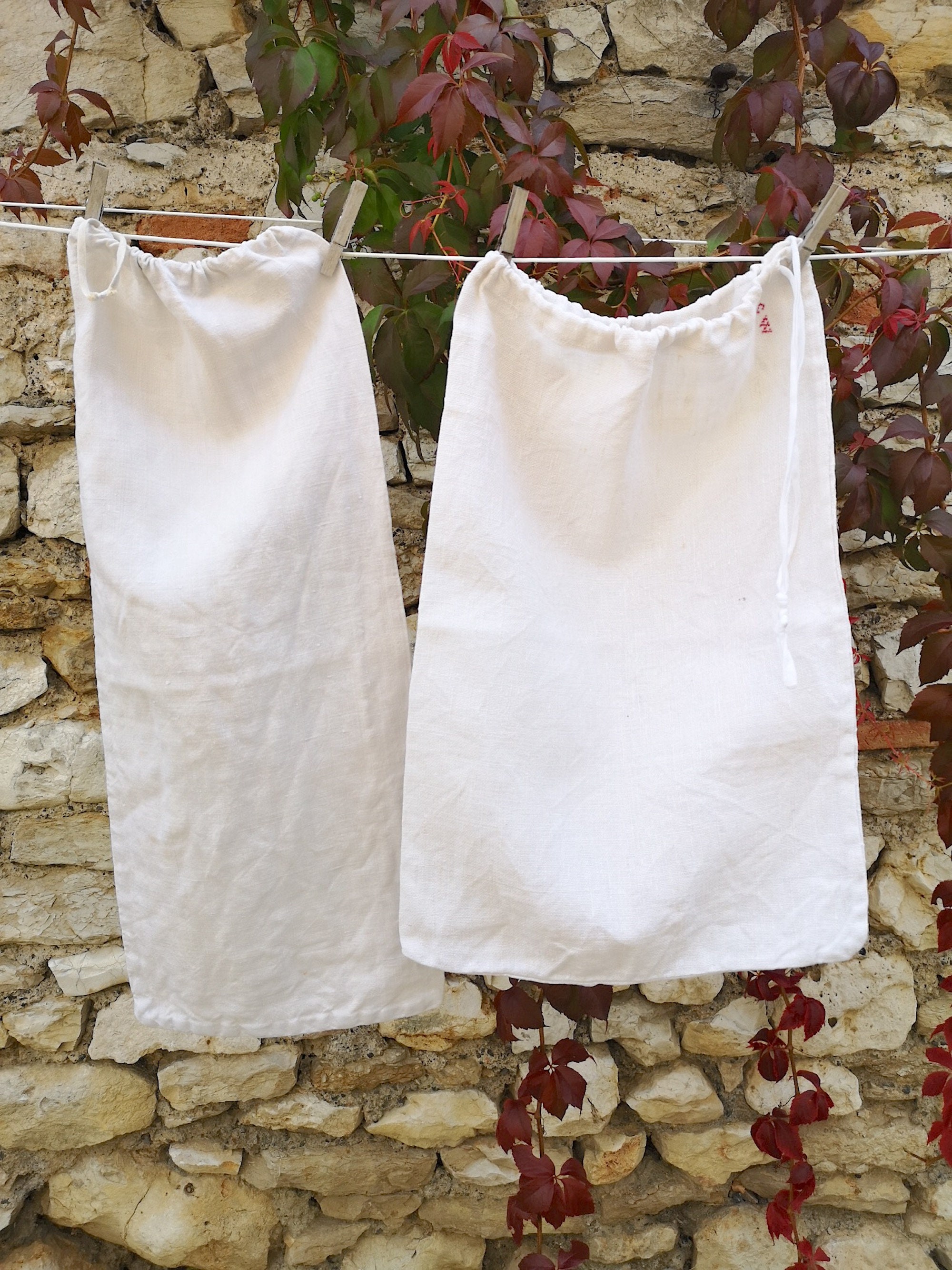 Vintage Sac Linge Lot 2 Maison Lin Coton Ancien Pain Poche Blanc Rectangle Accessoire Fourniture Tis