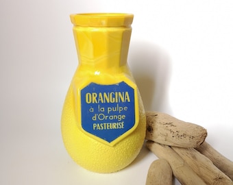 Vintage straw jar pitcher decanter bottle/brand Orangina yellow blue/collection advertising ad glass/70s France drink/french flea market