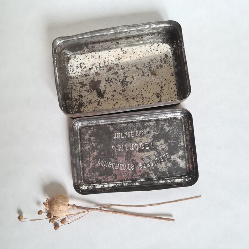 Vintage gray metal sheet metallic box/pharmacy sterilized bandage Tarare Rhône J.M. Froget/apothecary French collection flea market français image 6