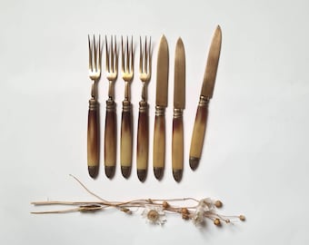 Vintage cutlery fork knives small format fruit dessert meal utensil gilded bronze color antique kitchen service table art French flea market