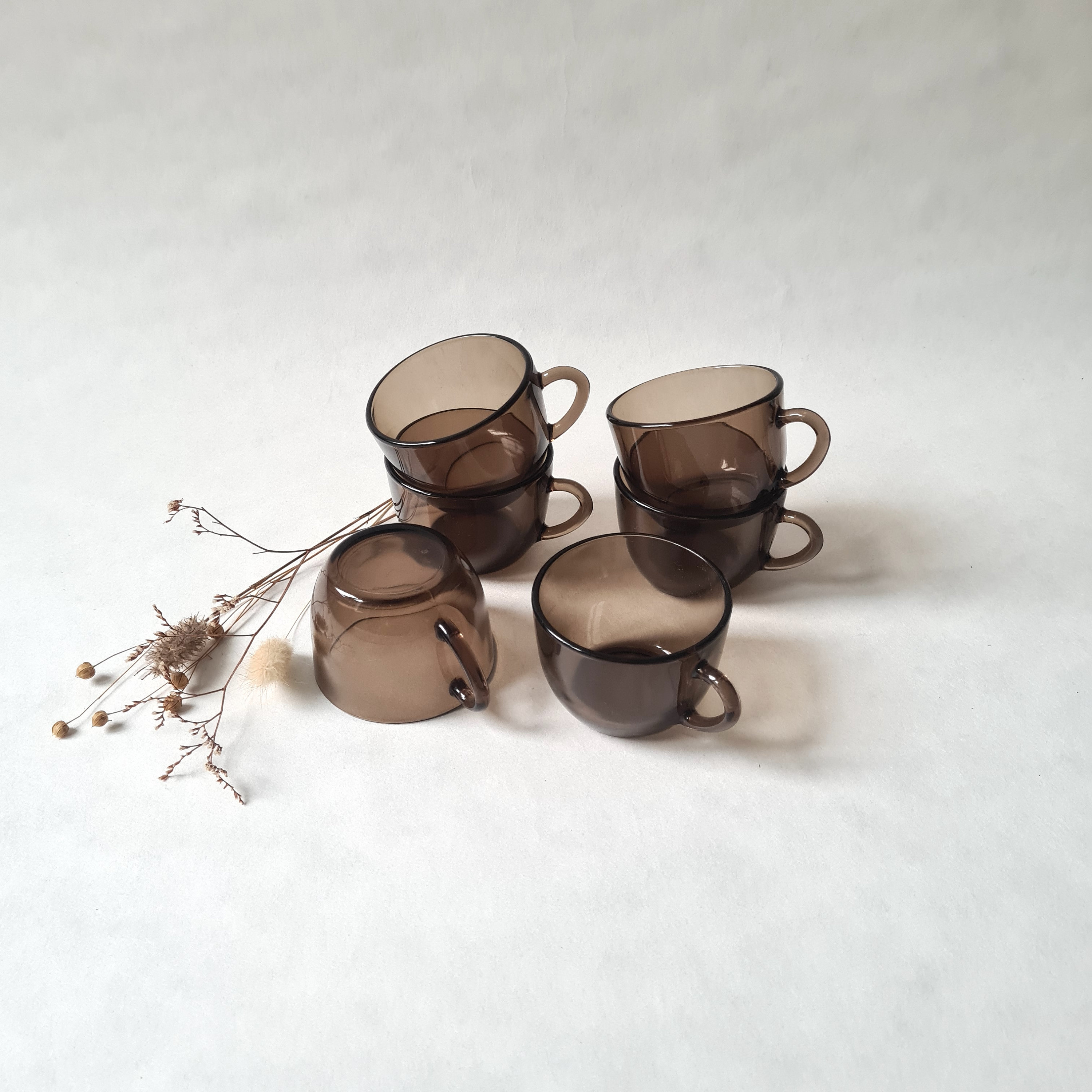 Taza de café de vidrio vintage lote 6/marrón transparente ahumado