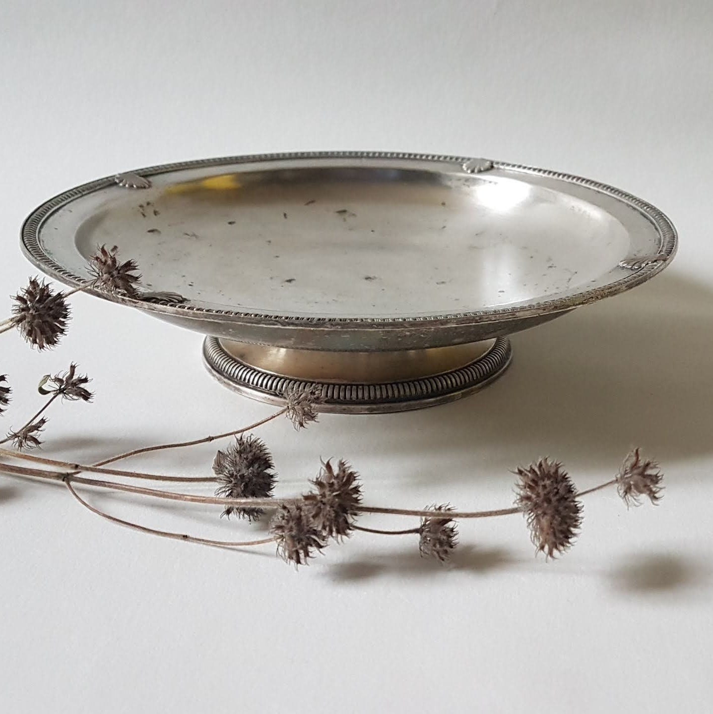 Vintage Coupe Ronde Plat Fruit Pied Métal Argenté Plateau Maison France Décoration Décor Années 30 A