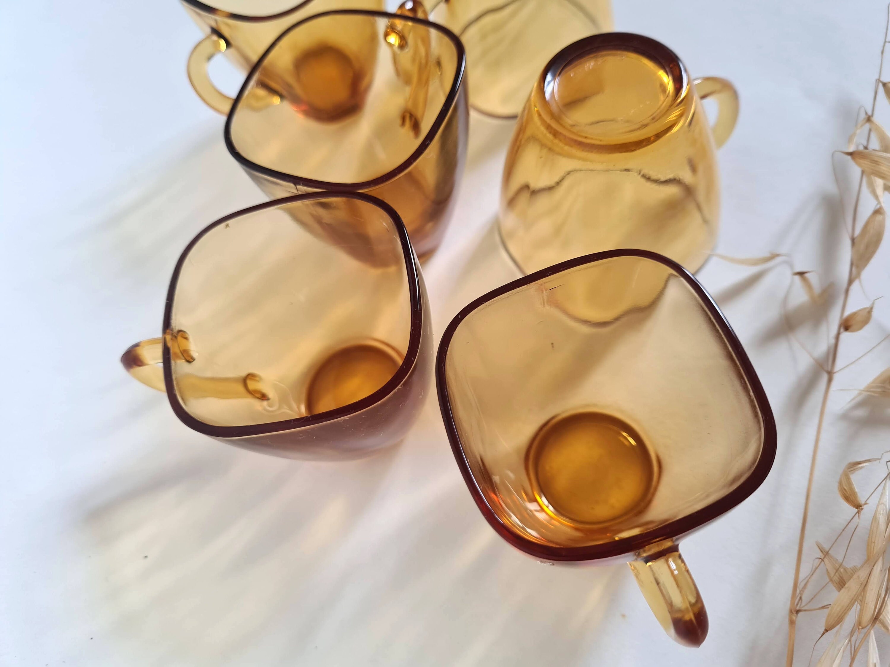 Service Café Vintage VERECO Années 70 - 4 Tasses + Sous-tasses Verre Orange