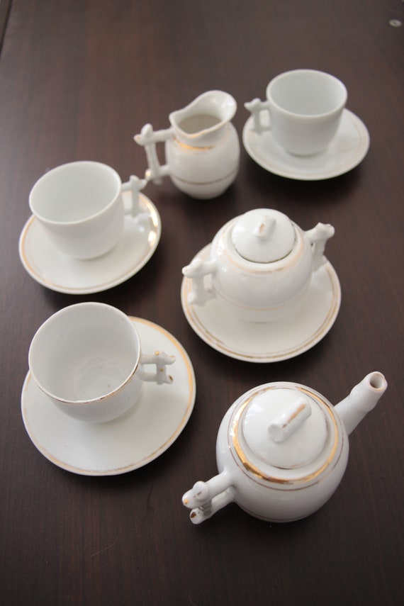 Dînette service 6 tasses à café cafetière miniature terre cuite beige
