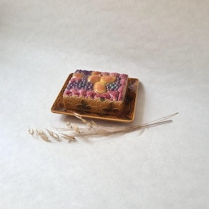 Vintage butter dish barbotine/Salines Bains earthenware/relief fruit/orange rose/base lid/glazed porcelain/table service/French country chic