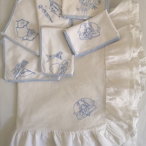 Vintage cotton tablecloth set 6 hand embroidered table napkins white blue linen home kitchen meal scene couple love wedding gift bride