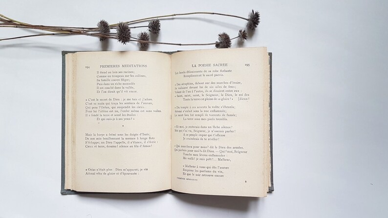 May include: An open book with cream-coloured pages and a green cover. The book is titled "Premieres Meditations" and "La Poesie Sacree". The text on the pages is in French.