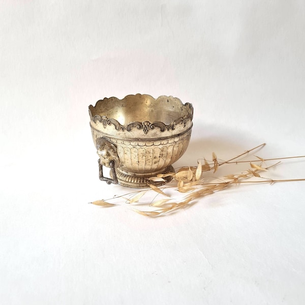 Vintage coupe lion métal couleur argent table décoratif décoration antique victorien anse forme ronde sur pied décor intérieur pot coupelle