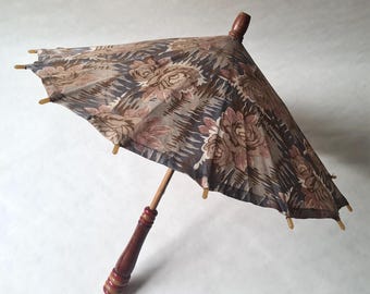 Paraguas infantil vintage/mango de madera maciza de tela de algodón/patrón de flores rosa azul/antigua época victoriana/antigüedad del siglo XIX/moda francesa