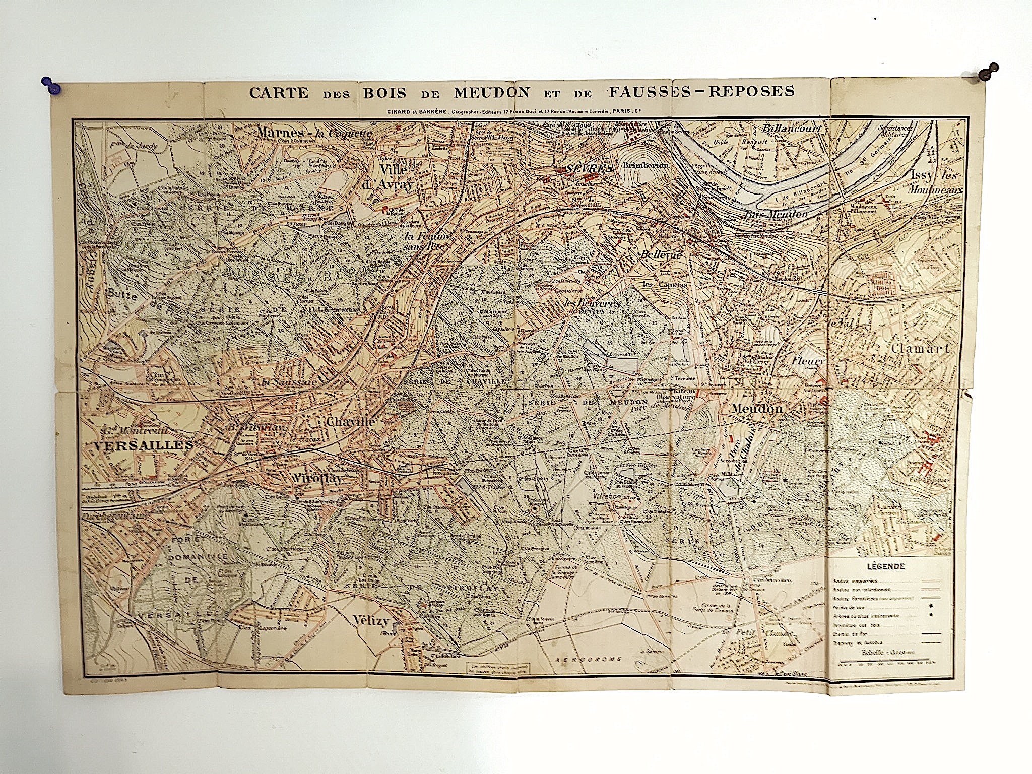 Vintage Carte Routière Bois de Meudon et Fausses Reposes Par H. Tropé 1945 Ancienne Cartographie Car