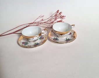 Vintage porcelain Italy 2 cups tea coffee rose gold white ceramic head to head kitchen tableware service antique chic tableware flea market