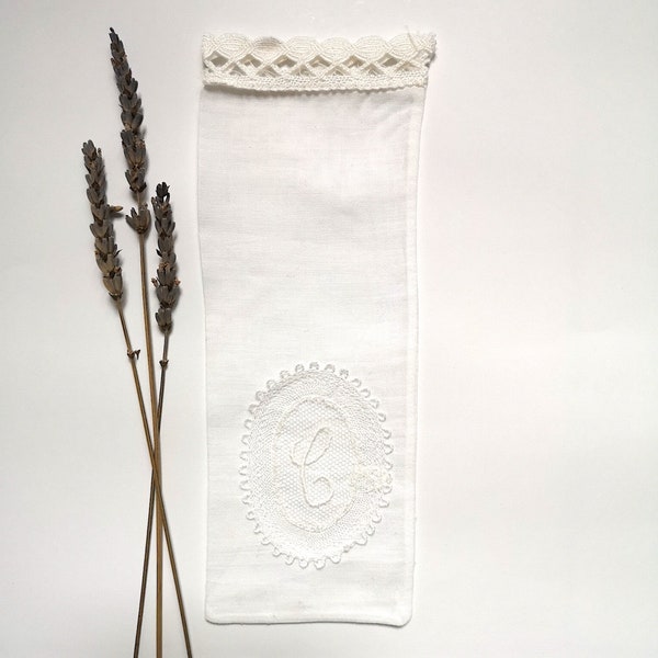 Antique French White Handmade Embroidered Cotton Accessory Case Washable Fabric Embroidery France Storage 1950s Pouch Pocket Lavender Decor