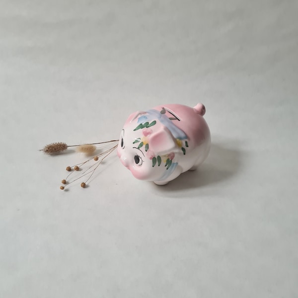 Vintage tirelire cochon/porcelaine céramique émaillée peint à la main/rose blanc motif fleur/décor décoration chambre enfant/porte bonheur