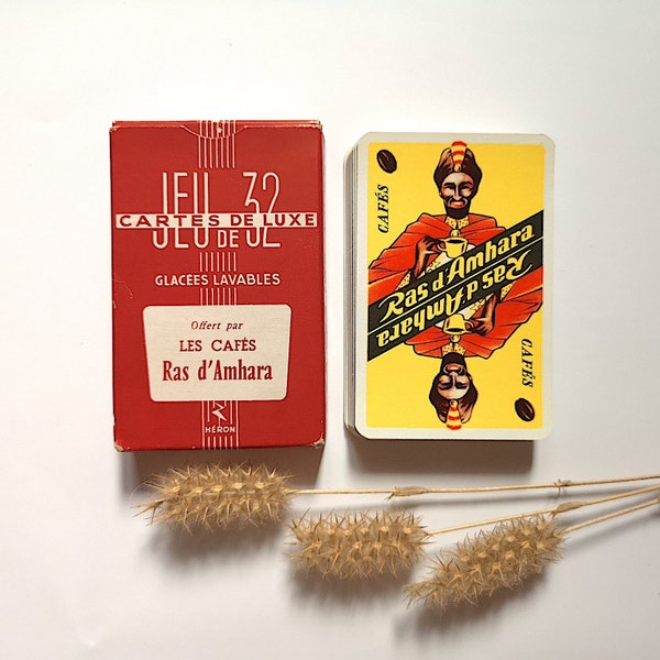 Vintage 32 cartes à jouer jeu jouet ancien étui d'origine glacées lavables objet publicitaire publicité café Ras d'Amhara France Héron rouge