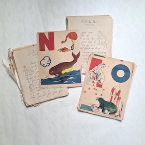 Vintage alphabet/school tool/illustrated letters/50s collection/animal object association/retro decoration/French learning supply/colored