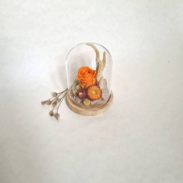 Vintage globe de mariée cloche verre socle bois rond fleurs composition florale bouquet séché décoratif décoration dôme orange artisanal