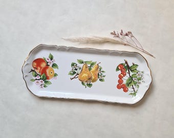 Plato de porcelana francesa vintage/blanco con borde dorado/rectángulo grande/patrón pintado a mano/color fruta/elegante y chic/servicio de mesa de presentación