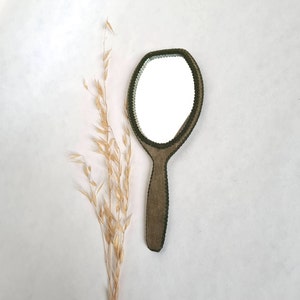 Vintage hand mirror oval handle/green velvet braid/70s bedroom bathroom beauty boudoir/dressing table/France flea market/accessory French