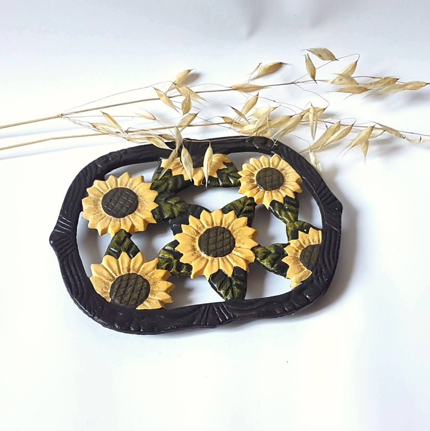 Vintage Dessous de Plat Fonte Noir Tournesol Fleur Jaune Cuisine Table Maison Fourniture Accessoire 