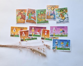 Sellos antiguos de Camboya, República Jemer, fútbol, Copa Mundial de la FIFA, Juegos Olímpicos de 1976, colección de los años 70, perforados y cancelados, serie.