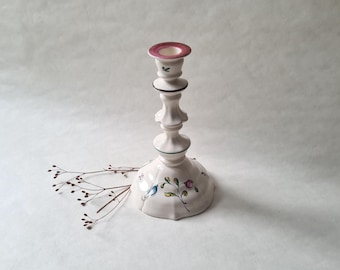 Vintage candlestick candle holder/candle holder support/porcelain ceramic/large wide top/artisanal handmade/white flower pattern/rustic chic