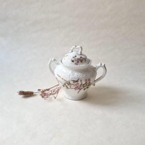 May include: White porcelain sugar bowl with a lid, featuring a floral design with pink and green accents. The bowl has a handle on each side and a delicate floral pattern.