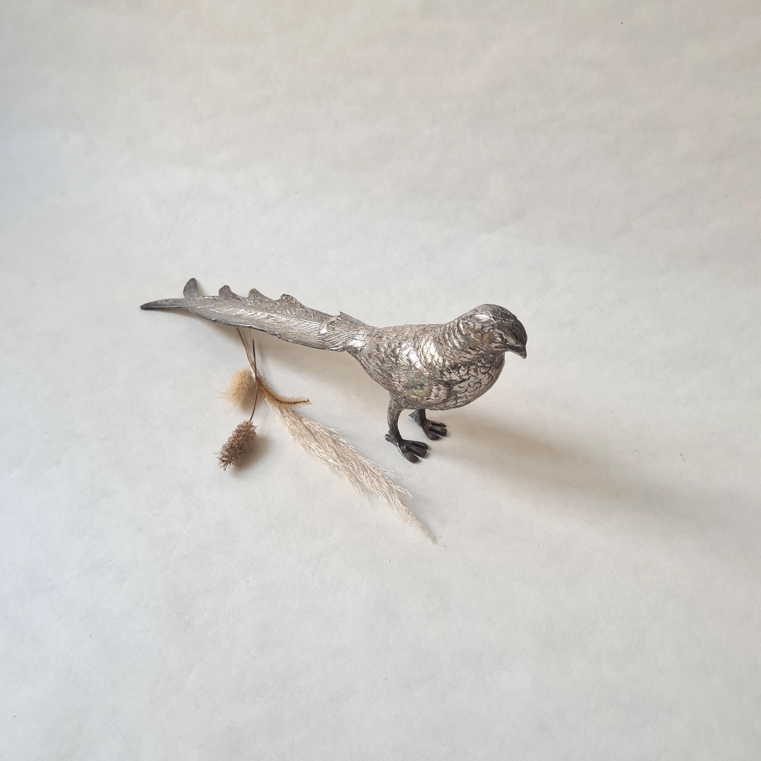 ヴィンテージ装飾小像/銀緑青金属/キジ鳥/1920年代～30年代/アールデコ