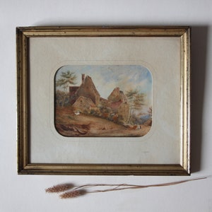 painting/antique 19th period/watercolor painting/wooden frame/under glass/wall decoration/dated 1855/signed J. Hamersteld/countryside