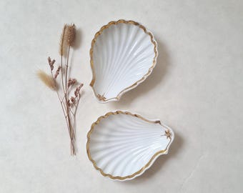 Vintage 2 porcelain bowls/white gold gilt/scallop shell shape/presentation service/refined elegant chic table/antique luxury French dish