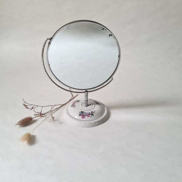 Vintage miroir rond pivotant double face grossissant/sur pied socle porcelaine blanc motif fleur rose/coiffeuse maquillage psyché boudoir