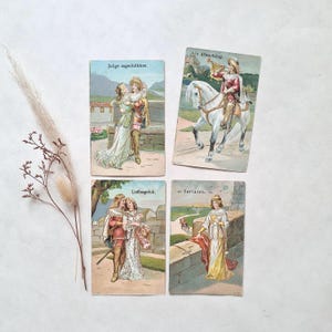 Vintage Postkarte 1900/Der Trompeter von Säckingen/Scheffel/mehrfarbiges vergoldetes Relief/romantische Liebesromanze/Deutschland/4er-Set