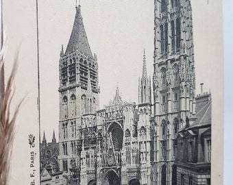 Vintage postcard photography photo black white cathedral historic religious monument Rouen France church mail stationery french flea market