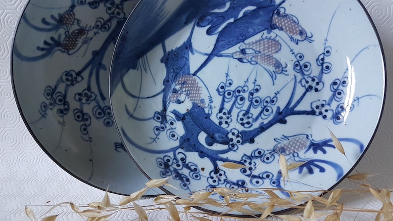 Vintage Plates set Porcelain Old China Asian Art Handcrafted Decor Blue Wall Decoration Home Interior Antiques Collectible flea market image 3