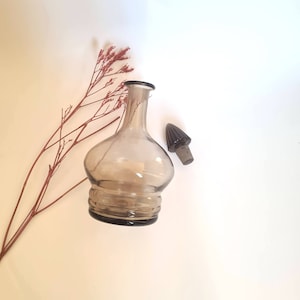Vintage glass carafe/transparent smoked brown stopper/tableware service/liquor wine water decanter/kitchen bottle old pitcher/flea market