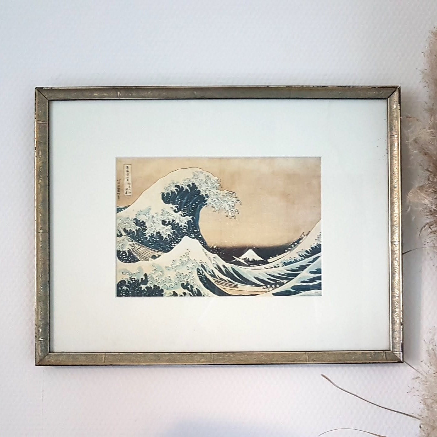 Vintage Hokusai Katsushika Vague Tableau Art Japon Mont Fugi Côte Kanagawa Cadre Sous Verre Bois Rep