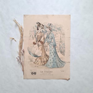 Vintage poster fashion engraving 1900/Belle Epoque Paris/city toilets blue umbrella/socialite elegant Parisian chic/Le Coquet journal French