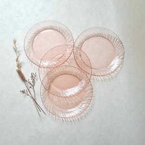 Op de afbeelding: Een verzameling roze glazen borden met een getextureerd, golvend randontwerp. De borden zijn in een decoratief patroon gerangschikt, met enkele overlappingen. Gedroogde bloemelementen zijn bij de borden geplaatst.